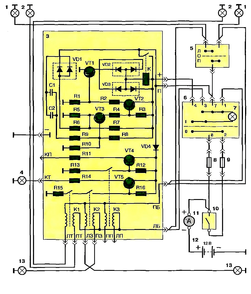 Принципиальная схема автомобильного реле поворотов