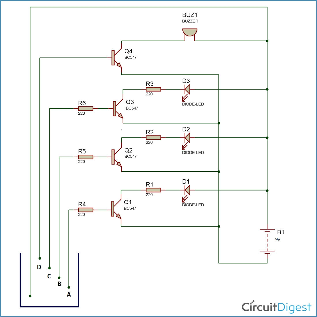 Water Level Indicator Alarm Circuit