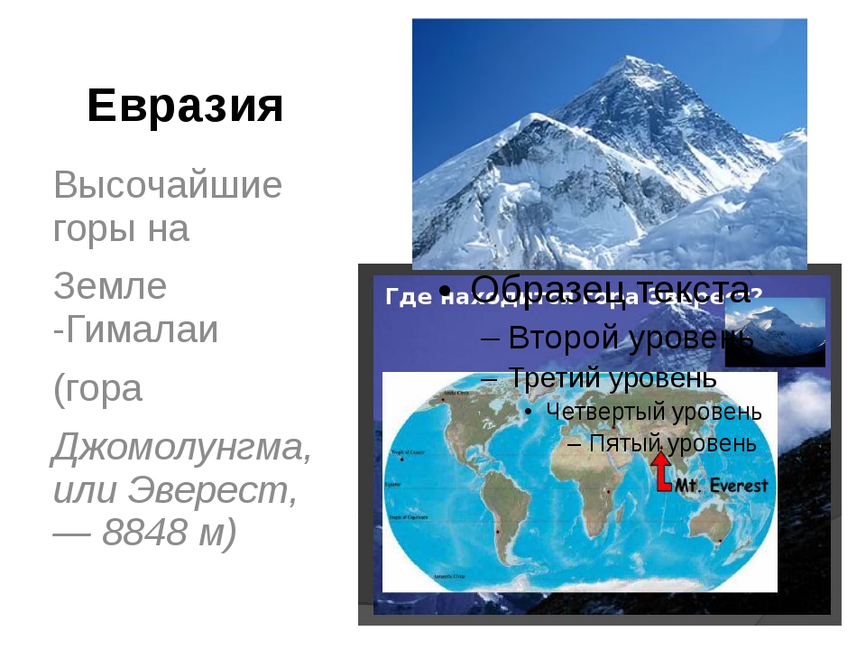 В какой части находятся горы. Гора Джомолунгма на карте Евразии. Гора Эверест на карте Евразии. Горы Гималаи в Евразии. Самые высокие горы Евразии.