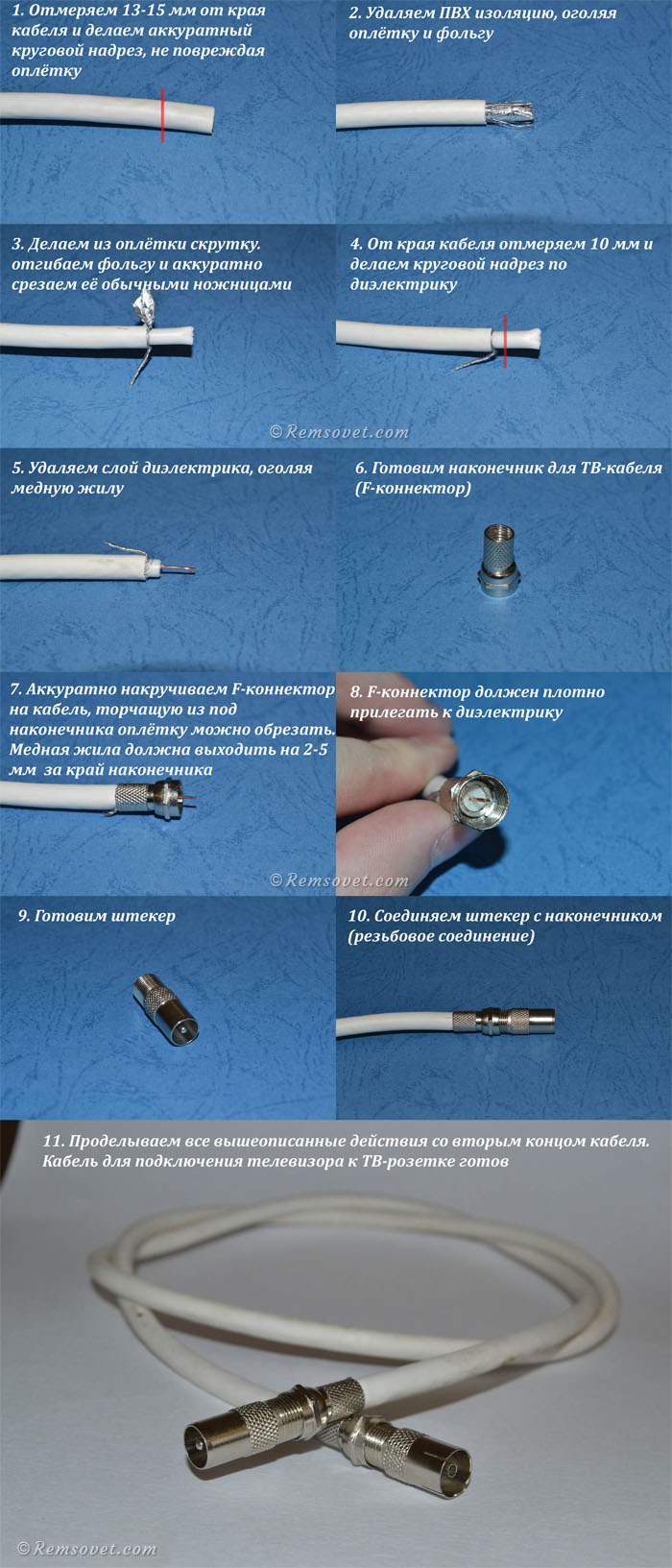 Подготовка ТВ-кабеля, установка адаптеров, F-коннекторы